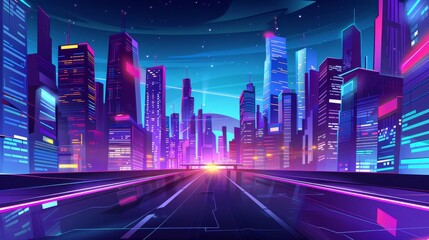 An isolated night cityscape with a highway flyover or bridge isolated on grey background. Illustration of dark modern skyscrapers with illuminated neon windows. Futuristic urban landscape.