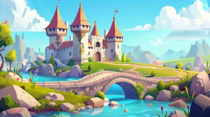 Decorative medieval castle with bridge over river, stones, green grass and mansion with turrets in summer countryside. Modern cartoon illustration of summer countryside with river, rocks, and green