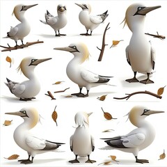 Little Gannet Bird Cute character multiple posses and expression children's book illustration style