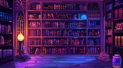 Modern illustration of book store cartoon web banners, bookcases in dark room and grunge typography. Digital library archive, reading app or service for readers.