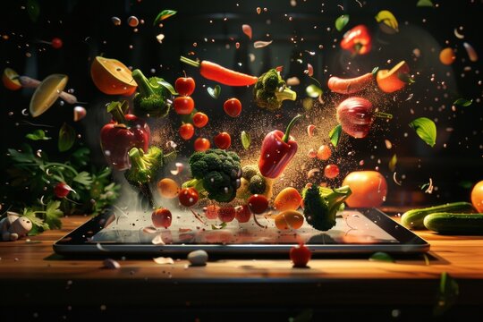 an advanced tablet with holographic food and vegetables flying out, creating the illusion that it's cooking or baking something on its screen. 