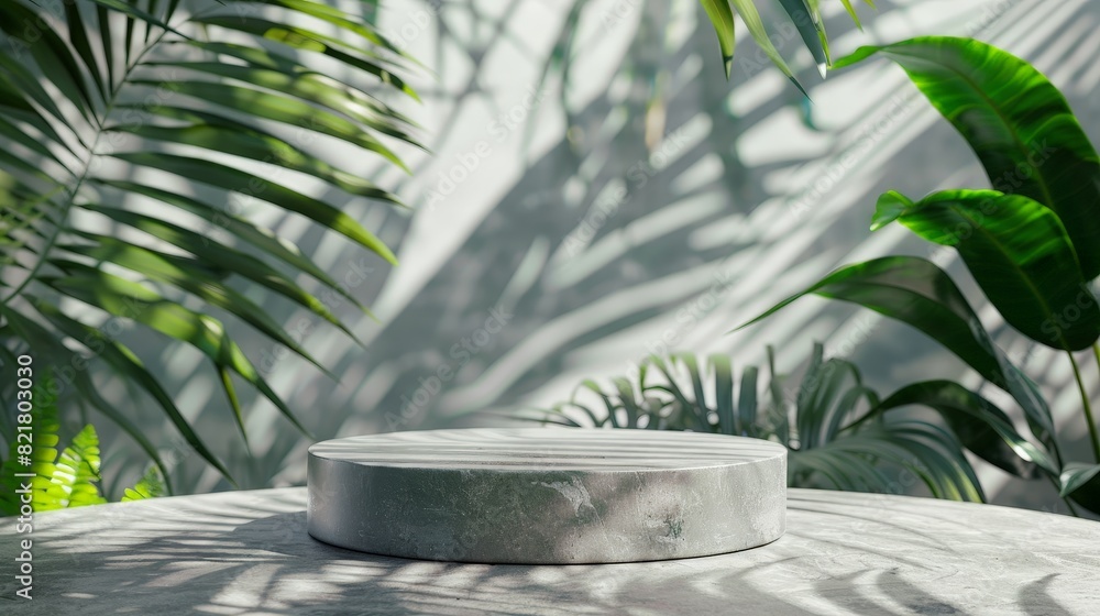 Poster an empty round gray stone podium stands in front of a backdrop of tropical leaves, creating an ideal