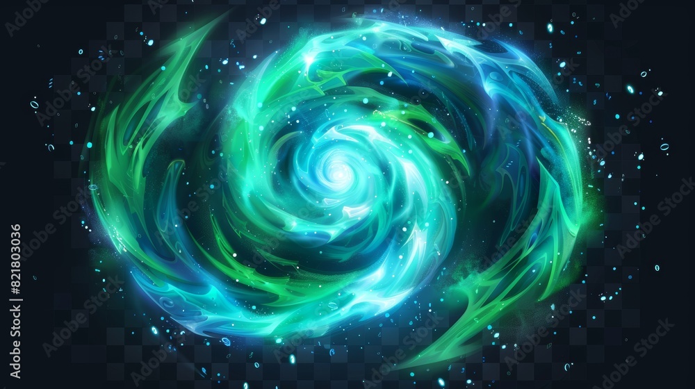 Poster green swirls isolated on transparent background with blue lightning discharges. modern illustration 
