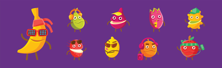 Funny Cartoon Fruit Character with Cool Funky Face Vector Set