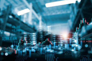 Stock market business finance, world economic growth trend, coin stack in background, investing mutual funds, financial risk management, debt ceiling, Quantitative Easing, effect inflation, interest