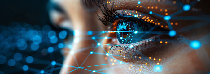 Close up human eye with hologram data.