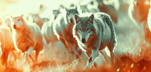 Dramatic image of a wolf among sheep, showcasing the contrast between predator and prey in a vibrant, surreal setting.