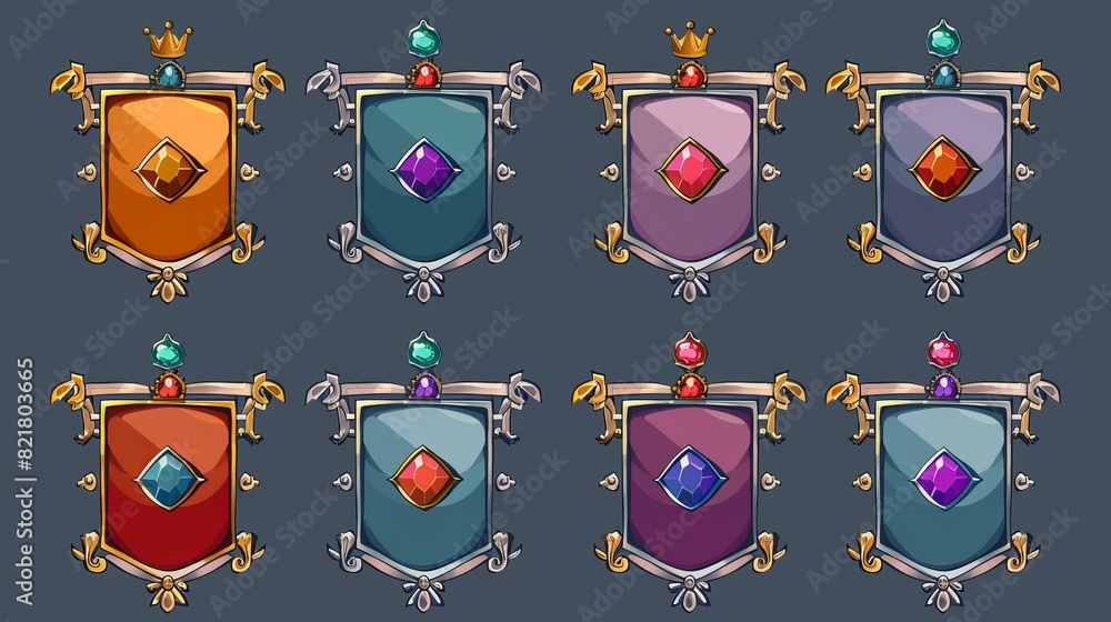 Poster a set of empty square silver and gold rank frames for game ui design. there is a metal thin border w