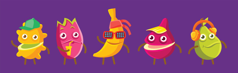 Funny Cartoon Fruit Character with Cool Funky Face Vector Set