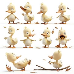 Little Duck Cute character multiple posses and expression children's book illustration style