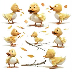 Little Duck Cute character multiple posses and expression children's book illustration style