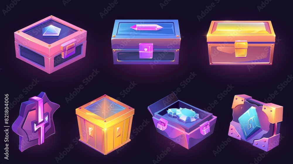 Poster ui elements with future technologies, sci-fi game loot boxes with gold coins and gemstones, modern c