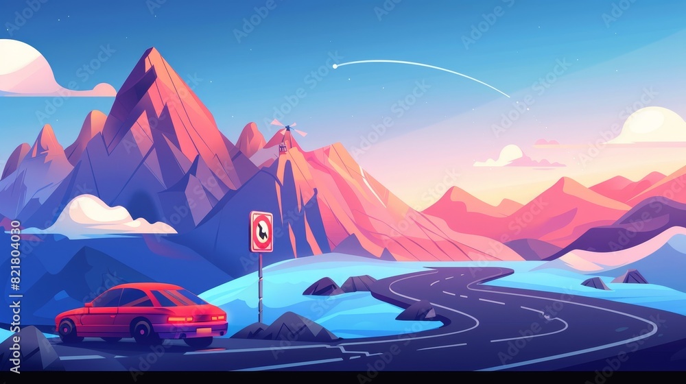 Wall mural a landscape with a road and a car. a speed limit sign and an outdoor lamp on a driveway. illustratio