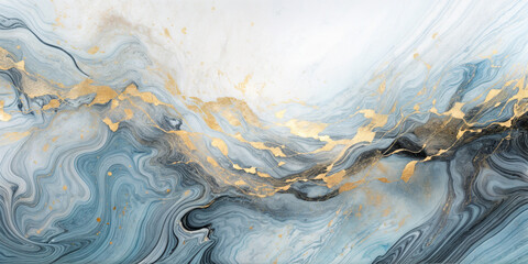 Fototapeta premium Abstract art blue paint background with liquid fluid grunge texture. Light Blue Gold sparkle splatter golden abstract foil Background.