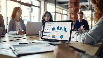 Analysts in the workplace are studying financial data for marketing strategy at the workspace, and there is a stack of BI dashboard paper format with graphs and charts, generative ai