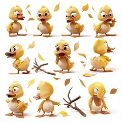 Little Duck Cute character multiple posses and expression children's book illustration style