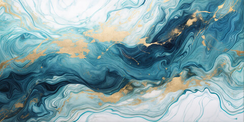Abstract art blue paint background with liquid fluid grunge texture. Light Blue Gold sparkle splatter golden abstract foil  Background.