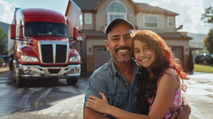 A happy trucker family, standing in front of the house