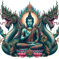 Fototapeta premium Buddha image with Naga, tattoo drawing