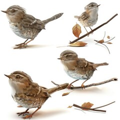 Little Dunnock Bird Cute character multiple posses and expression children's book illustration style