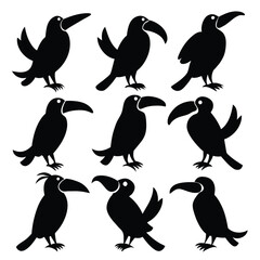 Set of Toucan animal black Silhouette Vector on a white background