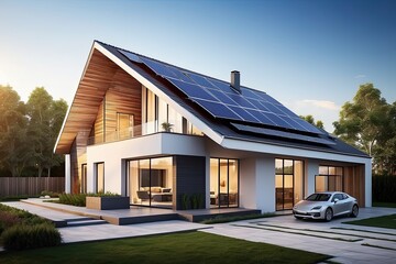 The roof of a modern house with eco-friendly solar panels in harmony with nature, ecology, saving natural resources, alternative energy source. 