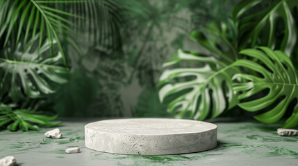 Natural stone and concrete podium in Natural green background for Empty show for packaging product presentation