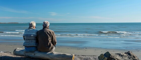 Elderly couple sitting on a log at the beach, enjoying a serene ocean view under a clear blue sky. Concept of retirement and companionship.