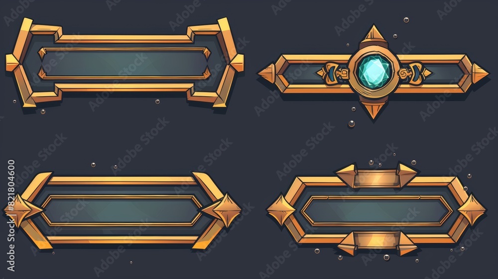 Poster an isolated modern design of a golden medieval fantasy game ui frame for a button. a bronze border f
