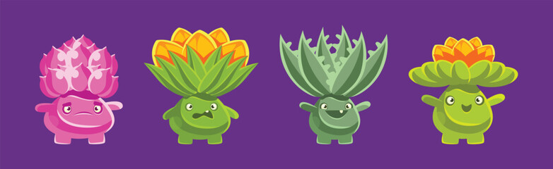 Cute Funny Plant Character with Fantasy Succulent and Cactus Vector Set