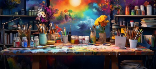 An image of a set of art supplies including colored pencils, paints, brushes and a sketchbook - Powered by Adobe