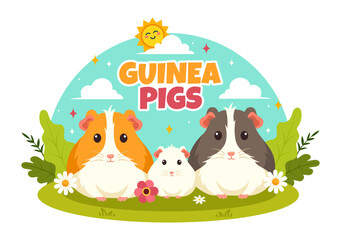 Obraz premium Guinea Pig Vector Illustration Featuring Various Hamster Breeds in Green Fields in a Flat Cute kids Cartoon Style Background Design