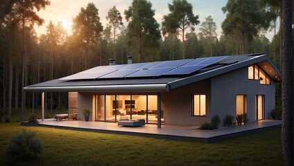 The roof of a modern house with eco-friendly solar panels in harmony with nature, ecology, saving natural resources, alternative energy source. 