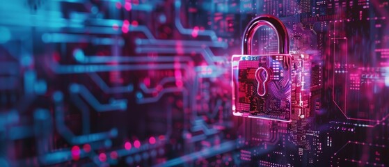 Digital padlock hovering over electronic circuit background, representing cybersecurity, data protection, and information privacy.