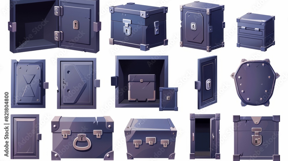Poster objects of a safe box set for money with an open door and an open door. 3d mental vault icon with lo