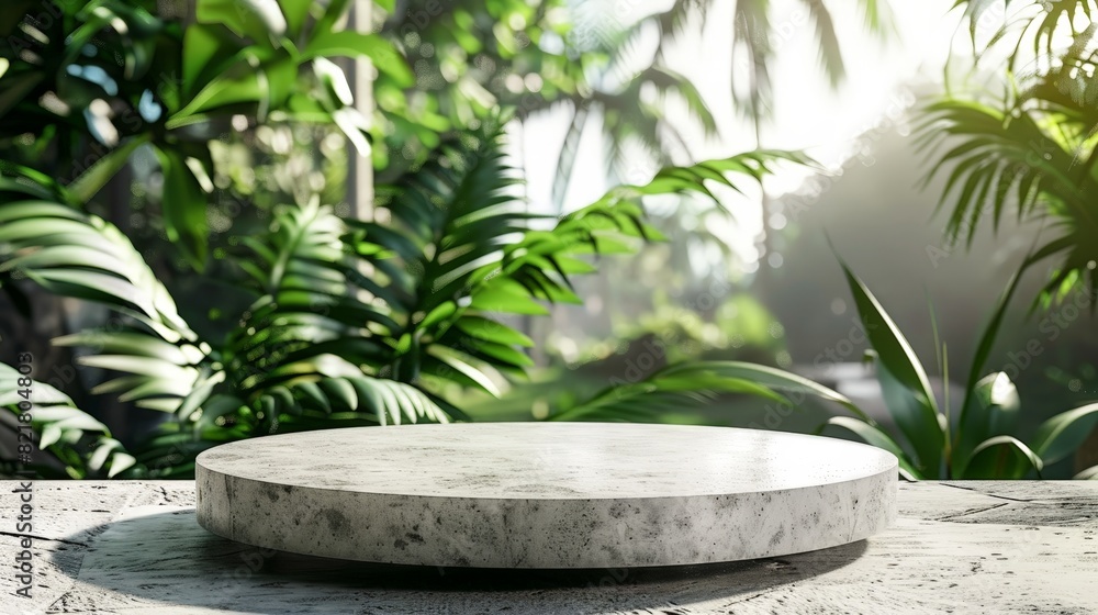 Poster an empty round gray stone podium stands in front of a backdrop of tropical leaves, creating an ideal