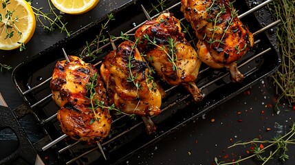 Aromatic chicken rotisserie garnished with thyme and lemon, skateboard underneath, horizontal top...