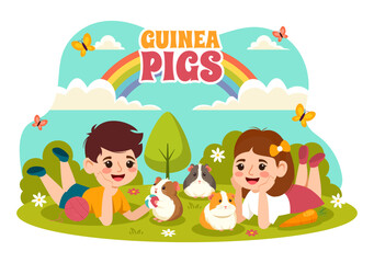 Guinea Pig Vector Illustration Featuring Various Hamster Breeds in Green Fields in a Flat Cute kids Cartoon Style Background Design