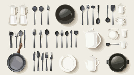 Set of kitchen utensils and dinnerware on light background