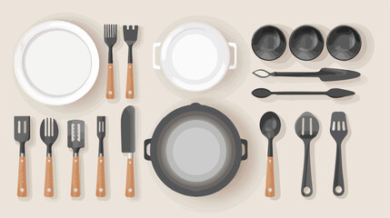 Set of kitchen utensils and dinnerware on light background