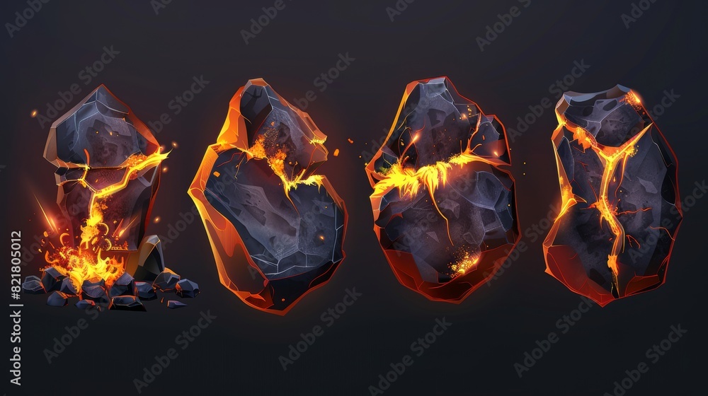 Poster the volcano set includes lava rock with cracks and light textures. fire and magma in broken stone wi