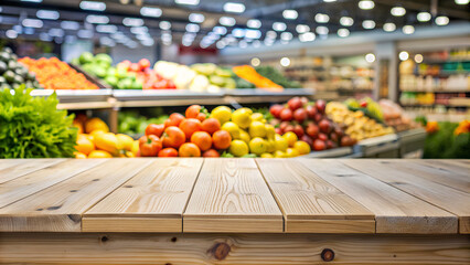 Obraz premium White Wooden board empty table in front of blurred background. blur in supermarket fruits and vegetables shelf