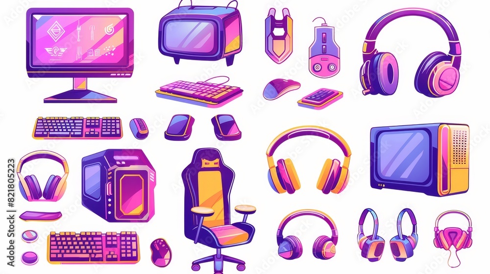 Poster an isolated game computer for streamers in an interior modern set. neon cartoon computer, chair and 
