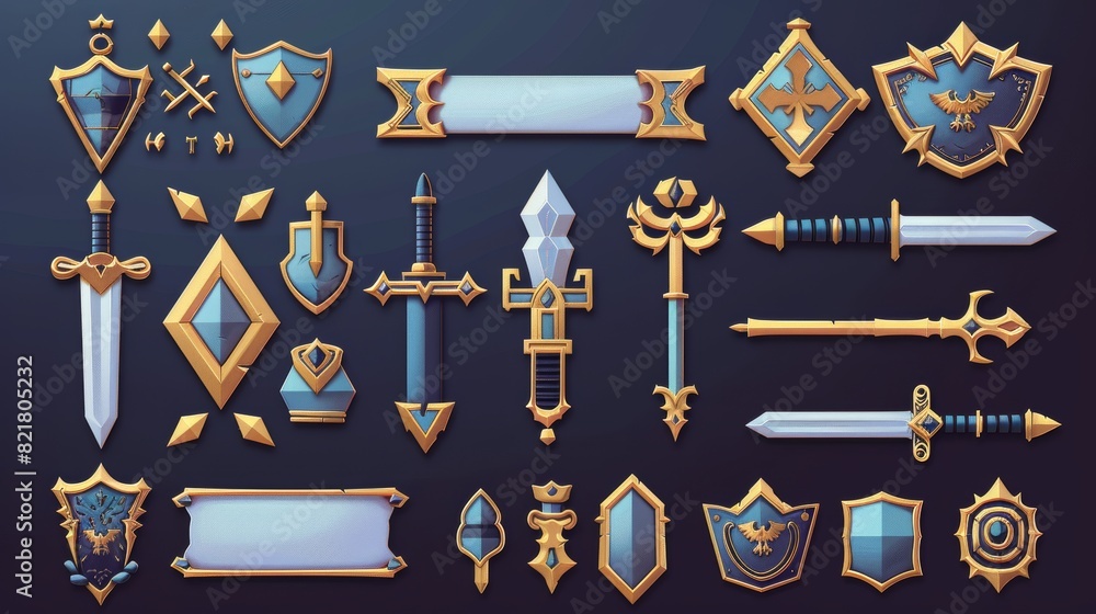 Poster game ui elements with gold frames in medieval style. buttons, banners with different shapes, progres