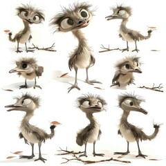 Little Emu Bird Cute character multiple posses and expression children's book illustration style
