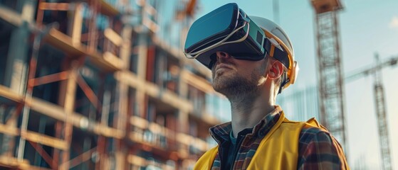 Construction worker using virtual reality headset on site. Modern technology enhancing industry efficiency and safety.