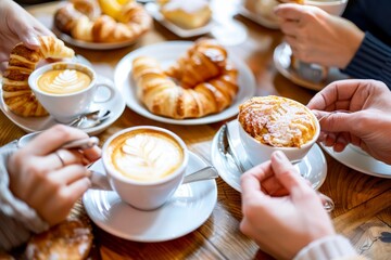 Professional Photography of a close-up shot of hands reaching for coffee cups and pastries on a table during a morning coffee break, Generative AI - Powered by Adobe