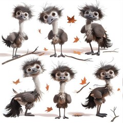 Little Emu Bird Cute character multiple posses and expression children's book illustration style