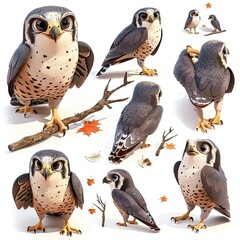 Little Falcon Bird Cute character multiple posses and expression children's book illustration style