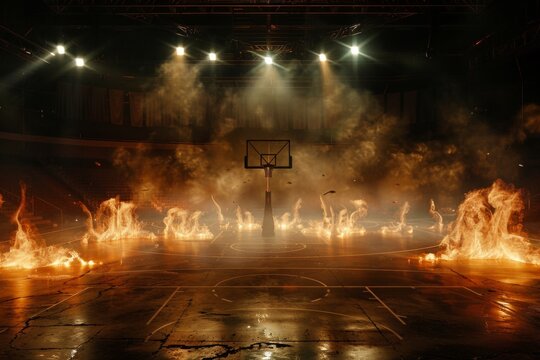 a basketball court in the middle of an arena, flames around it, spotlights shining down on the floor, smoke filling up half the scene.